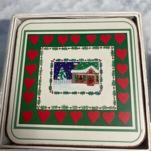 English Life Six Cork Back Christmas Coaster Set Snow House Hearts Holly Holiday